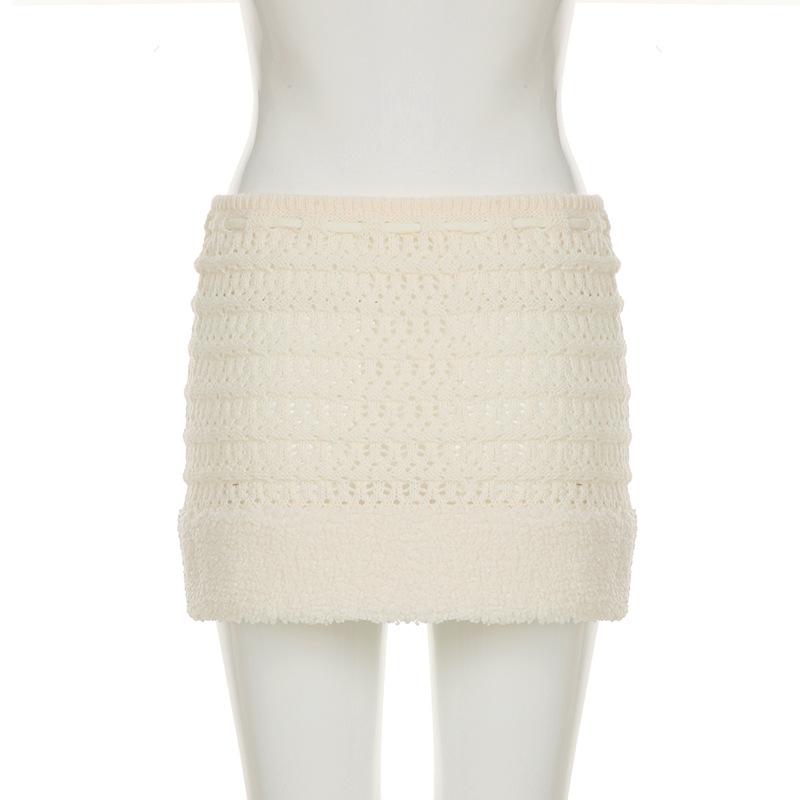 Hollow out drawstring fluffy self tie solid mini skirt