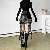 Zip-up PU leather plaid bowknot print ruffle mini skirt