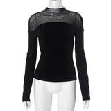 Long sleeve high neck mesh patchwork solid top
