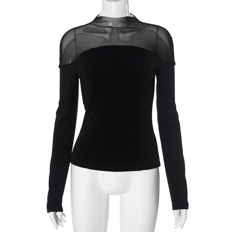 Long sleeve high neck mesh patchwork solid top