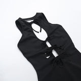 Vestido midi liso con cuello redondo, abertura y lazo 