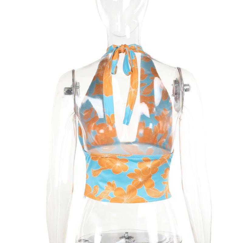 Self tie halter flower print backless contrast top