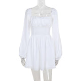 Vestido mini de manga larga con cuello cuadrado y fruncido con lazo 