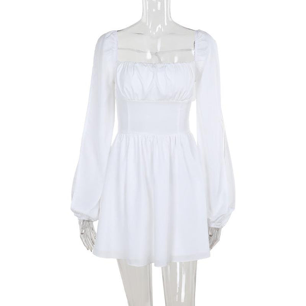 Vestido mini de manga larga con cuello cuadrado y fruncido con lazo 