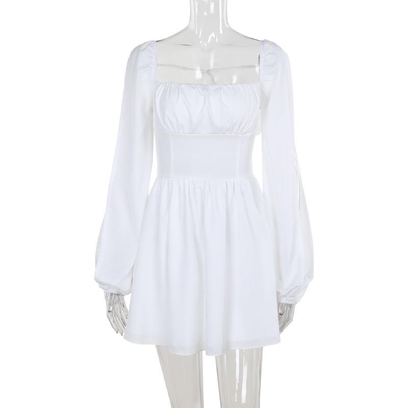 Vestido mini de manga larga con cuello cuadrado y fruncido con lazo 