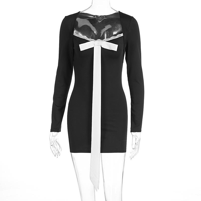 Vestido mini con escote en V, dobladillo de encaje y manga larga con lazo 