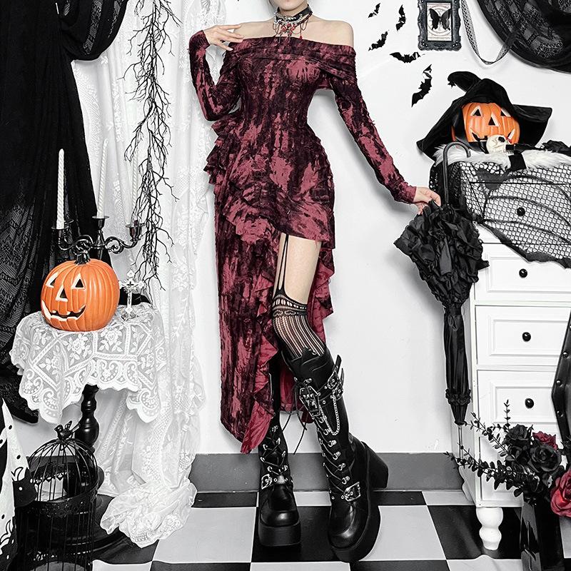 Off shoulder long sleeve slit ruffle contrast midi dress