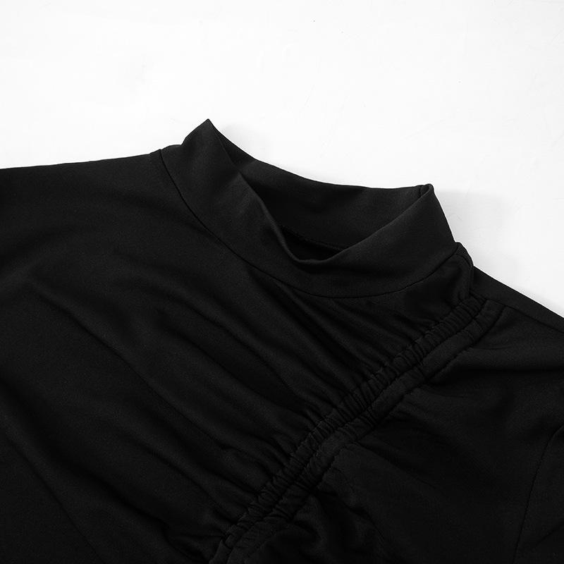 Long sleeve high neck ruched drawstring irregular top