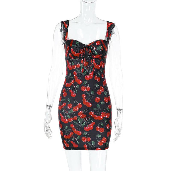 V neck cherry print backless mini dress