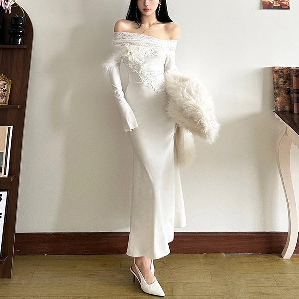 Long flared sleeve off shoulder feather lace midi dress