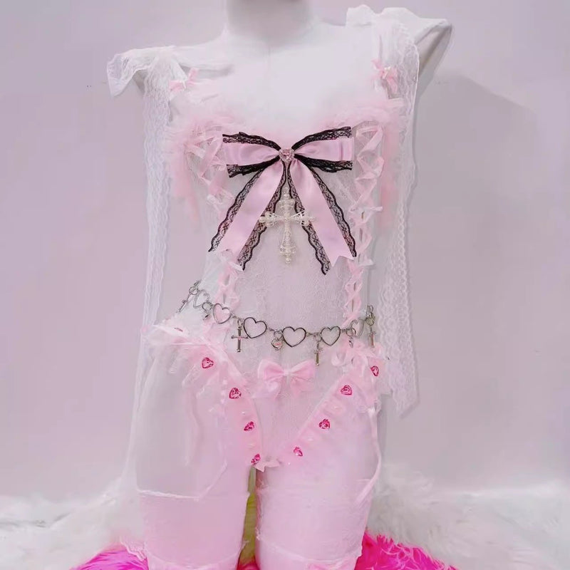 Conjunto de minifalda con cuello en V acolchado, dobladillo de encaje con lazo y lazo 