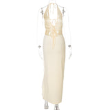 Slit halter self tie v neck ruffle solid maxi dress