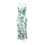 Cross back self tie u neck slit flower print midi dress