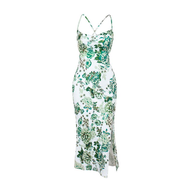 Cross back self tie u neck slit flower print midi dress