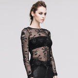 Long sleeve crewneck hollow out skull print fishnet top