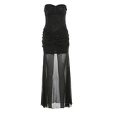 Robe longue unie en maille froncée à col en cœur 