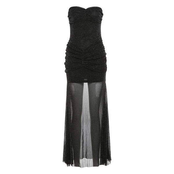 Robe longue unie en maille froncée à col en cœur 