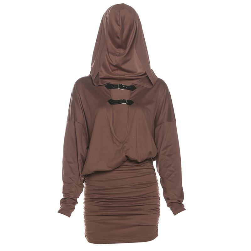 Vestido mini liso fruncido con hebilla y capucha de manga larga 