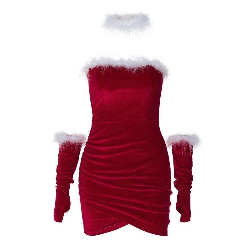 Robe mini tube dos nu avec gants en plumes froncés 