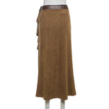 Zip-up ruffle irregular PU leather midi skirt