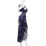 Cross back print ruffle slit spaghetti strap maxi dress