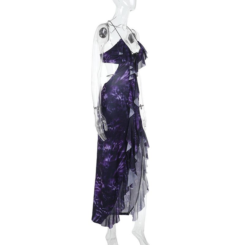 Cross back print ruffle slit spaghetti strap maxi dress