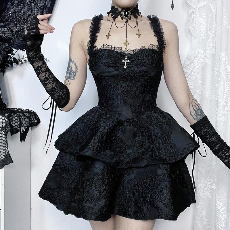 Ruffle zip-up cross applique square neck mini dress