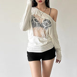 Top liso transparente de encaje de manga larga irregular 
