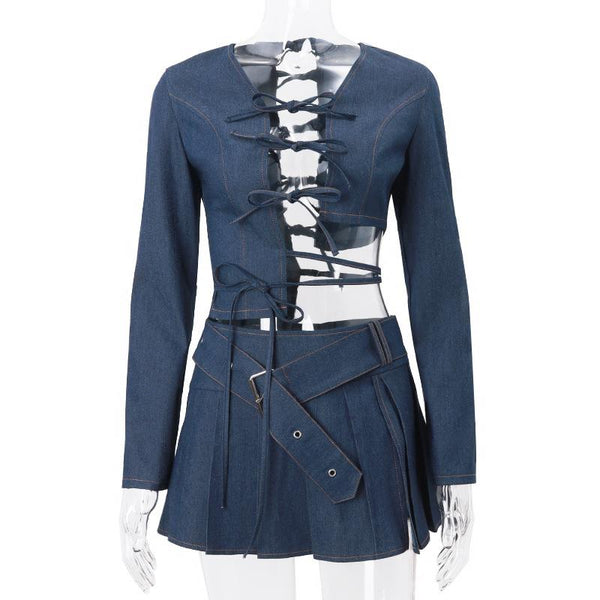 Pleated denim A line belt slit mini skirt