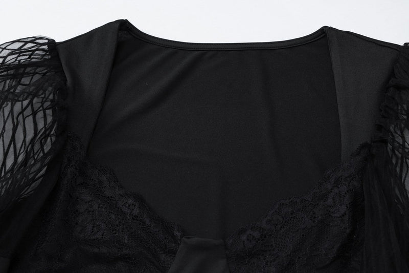 Vestido mini liso con escote en U y manga larga con dobladillo de encaje 