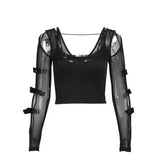 Long sleeve bowknot mesh v neck hollow out top