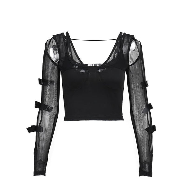 Long sleeve bowknot mesh v neck hollow out top