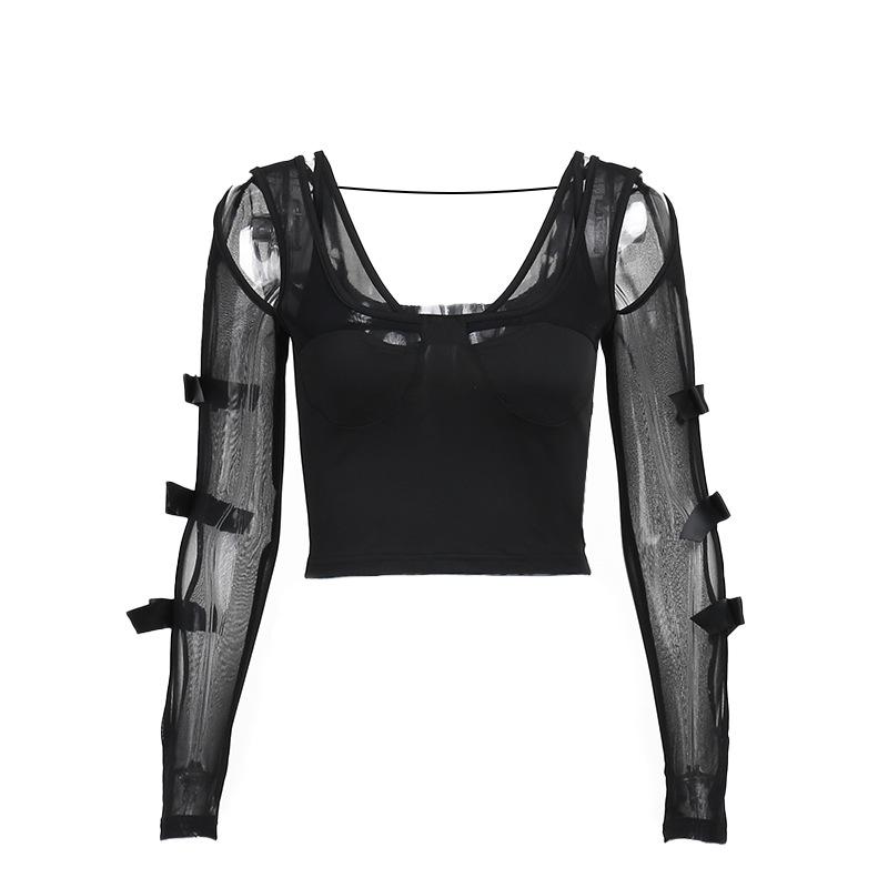 Long sleeve bowknot mesh v neck hollow out top
