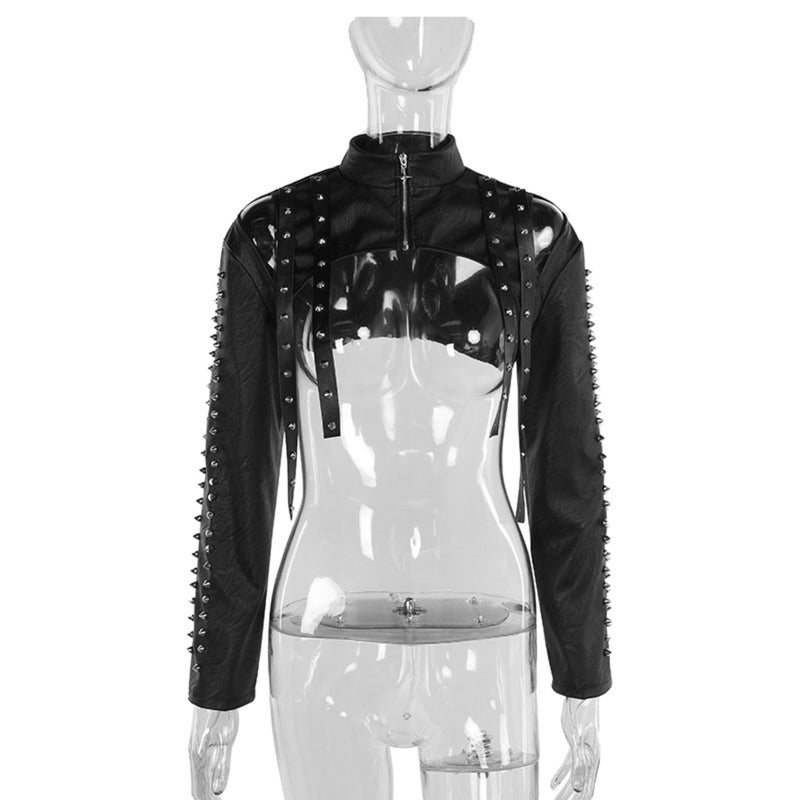 Zip-up long sleeve PU leather rivet applique hollow out top