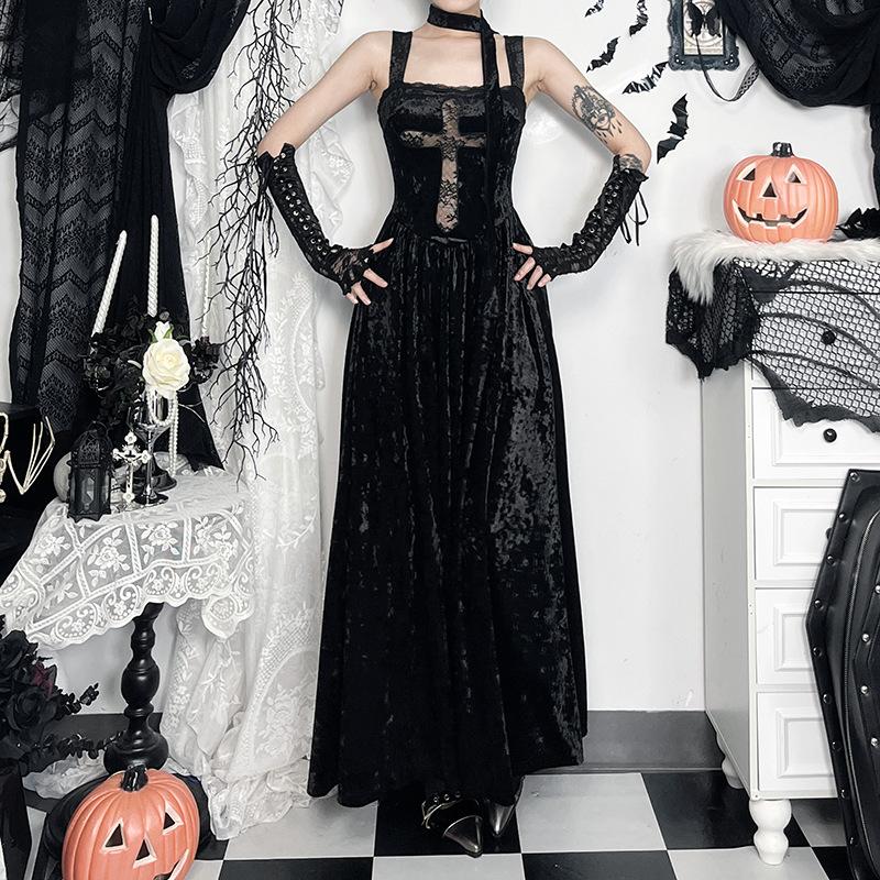 Vestido largo de terciopelo con escote cuadrado cruzado y dobladillo de encaje 