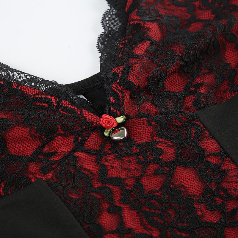 V neck lace hem flower applique backless cami top