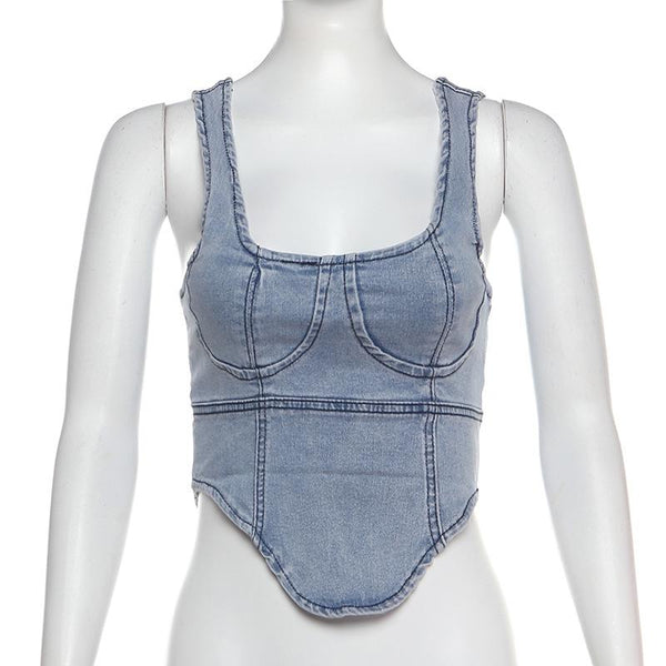 Denim square neck zip-up sleeveless tank top