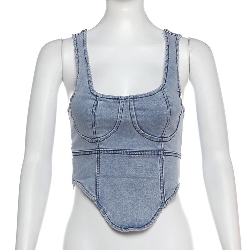 Camiseta sin mangas con cuello cuadrado y cremallera en denim 