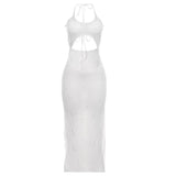 Self tie halter hollow out see through knitted maxi dress