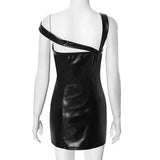 Minivestido de malla de cuero PU irregular con cremallera 