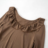 Robe mini froncée à manches longues évasées et col rond à volants 