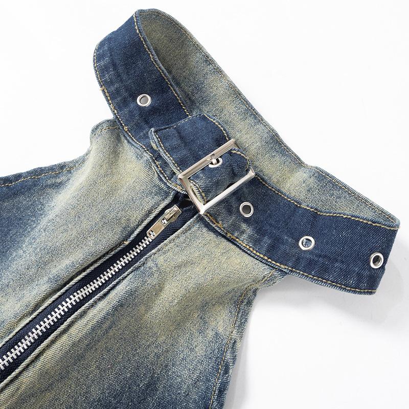 Halter zip-up slit denim buckle raw hem top