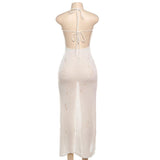 Self tie halter hollow out see through knitted maxi dress