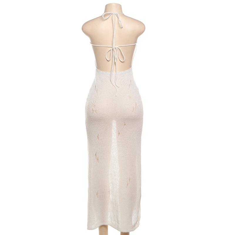 Self tie halter hollow out see through knitted maxi dress