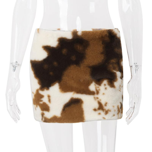 Fluffy tie dye zip-up contrast mini skirt