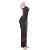 V neck flower print beaded slit cami maxi dress