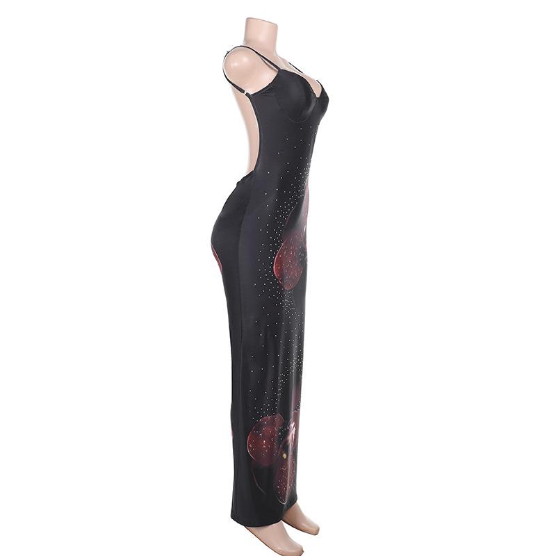 V neck flower print beaded slit cami maxi dress