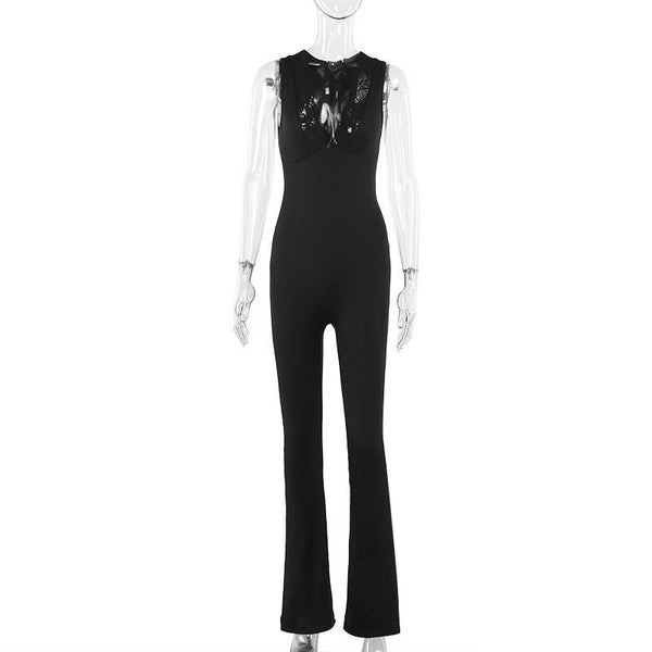 Lace hem deep V neck sleeveless solid jumpsuit
