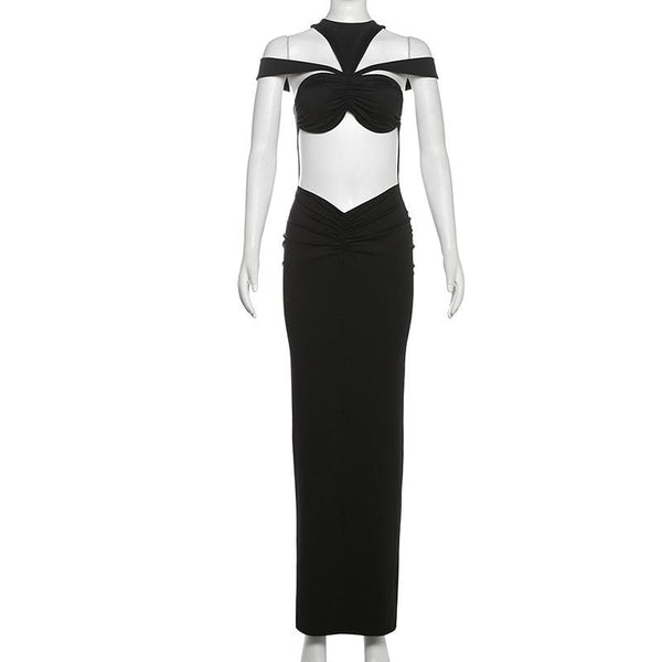 Ruched hollow out crewneck solid maxi dress