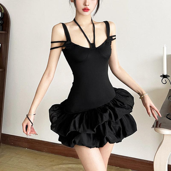 Mini-robe unie froncée à nouer et à licou 
